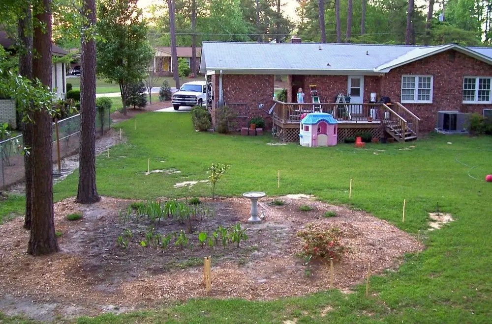 Avant : un rond de terre peu planté au milieu de la pelouse, derrière la maison